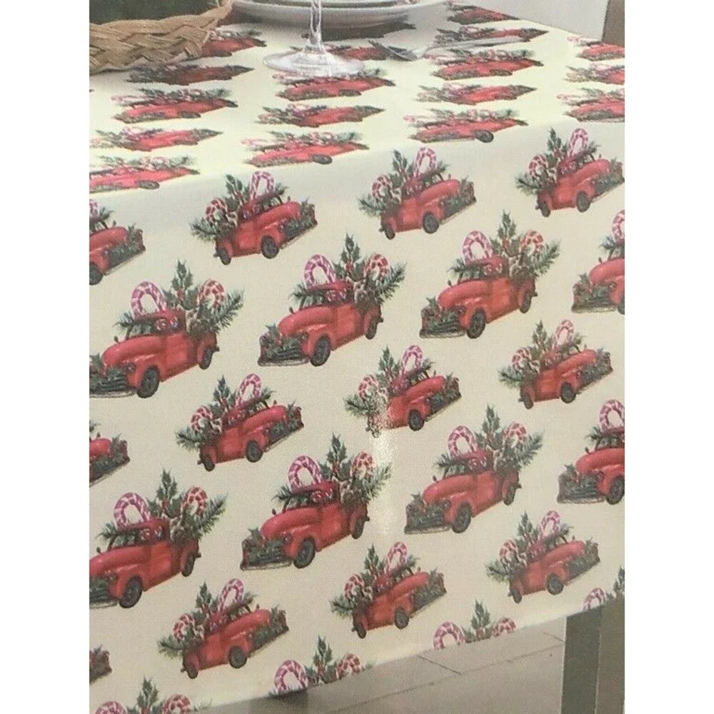 Christmas Fabric Tablecloth Vintage Red Farm Truck Country 60x84